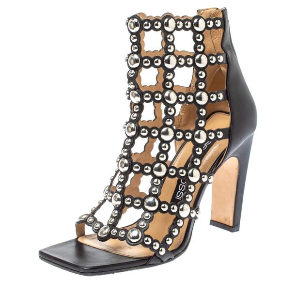 Sergio Rossi Black Leather Embellished Cut Out Sandals - Picture 5 of 6